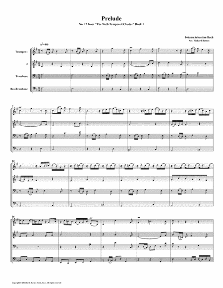 Prelude 17 From Well Tempered Clavier Book 1 Brass Quartet Sheet Music