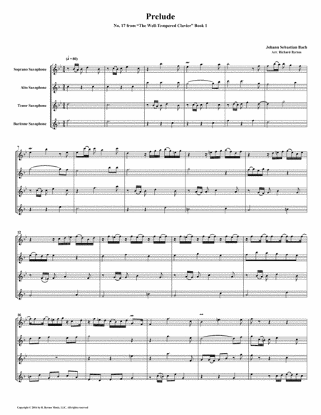 Free Sheet Music Prelude 17 From Well Tempered Clavier Book 1 Saxophone Quartet