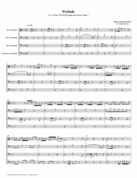 Free Sheet Music Prelude 17 From Well Tempered Clavier Book 1 Trombone Quartet