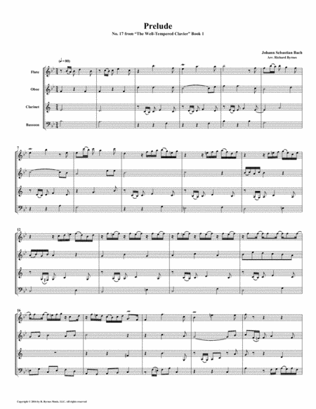 Prelude 17 From Well Tempered Clavier Book 1 Woodwind Quartet Sheet Music