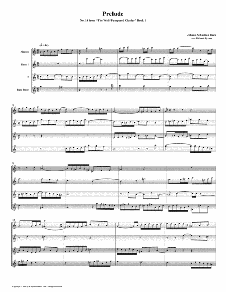 Prelude 18 From Well Tempered Clavier Book 1 Flute Quartet Sheet Music