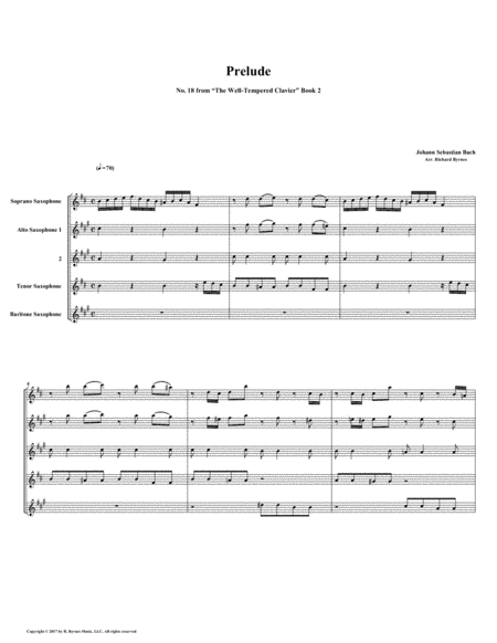 Prelude 18 From Well Tempered Clavier Book 2 Saxophone Quintet Sheet Music