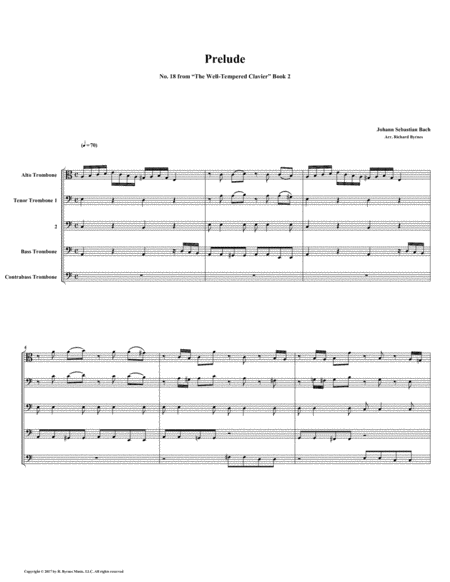 Prelude 18 From Well Tempered Clavier Book 2 Trombone Quintet Sheet Music