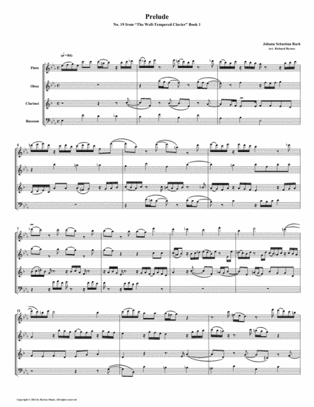 Free Sheet Music Prelude 19 From Well Tempered Clavier Book 1 Woodwind Quartet