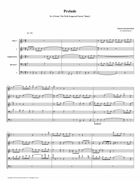 Prelude 19 From Well Tempered Clavier Book 2 Double Reed Quintet Sheet Music