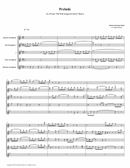 Prelude 19 From Well Tempered Clavier Book 2 Saxophone Quintet Sheet Music