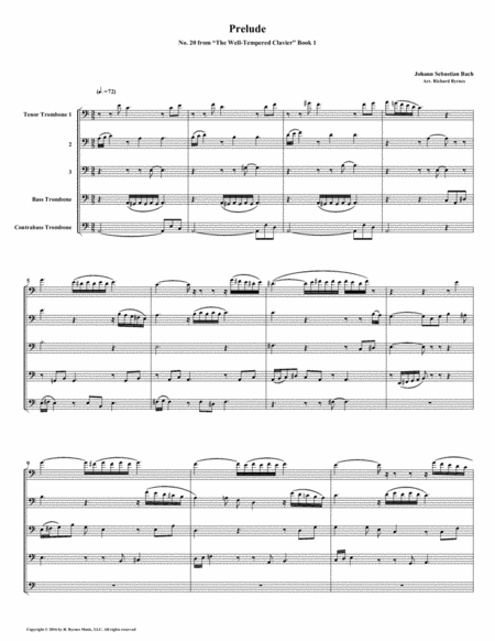 Prelude 20 From Well Tempered Clavier Book 1 Trombone Quintet Sheet Music