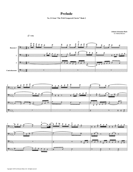 Prelude 21 From Well Tempered Clavier Book 2 Bassoon Quartet Sheet Music