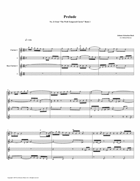 Prelude 21 From Well Tempered Clavier Book 2 Clarinet Quartet Sheet Music