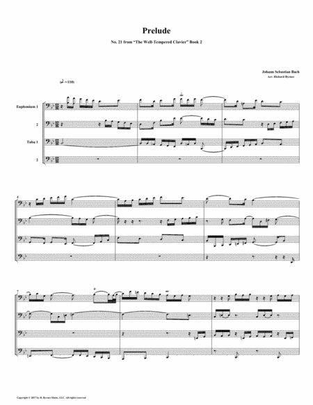 Prelude 21 From Well Tempered Clavier Book 2 Euphonium Tuba Quartet Sheet Music