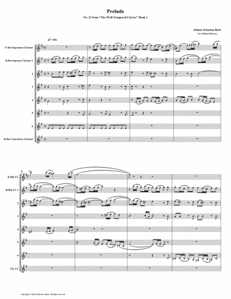 Free Sheet Music Prelude 22 From Well Tempered Clavier Book 1 Clarinet Octet