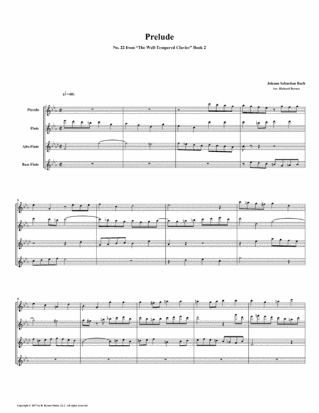 Free Sheet Music Prelude 22 From Well Tempered Clavier Book 2 Flute Quartet
