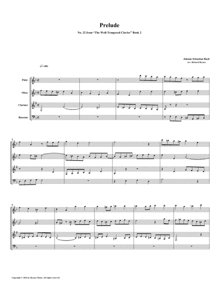 Free Sheet Music Prelude 22 From Well Tempered Clavier Book 2 Woodwind Quartet