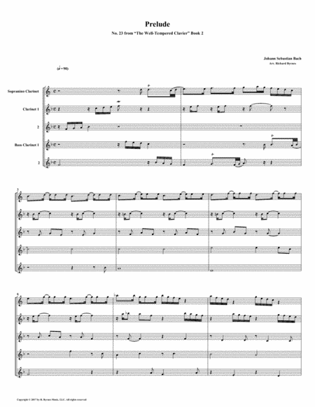 Prelude 23 From Well Tempered Clavier Book 2 Clarinet Quintet Sheet Music