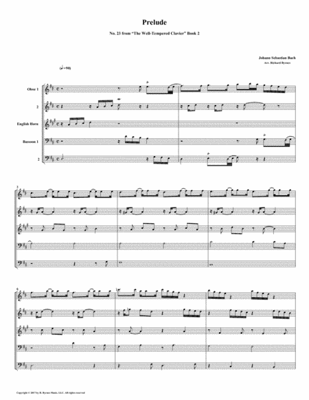 Prelude 23 From Well Tempered Clavier Book 2 Double Reed Quintet Sheet Music