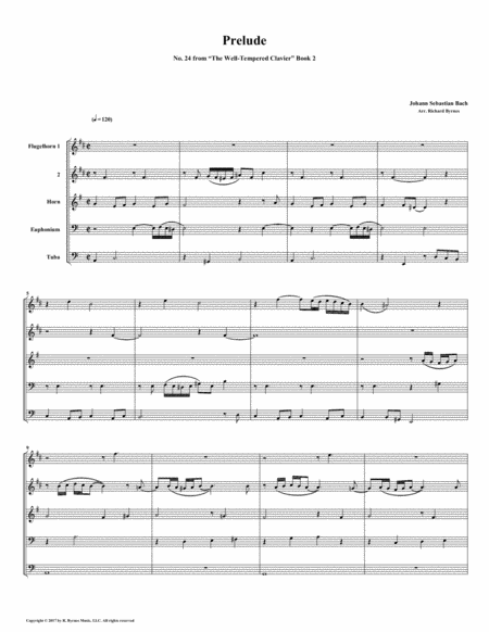 Free Sheet Music Prelude 24 From Well Tempered Clavier Book 2 Conical Brass Quintet