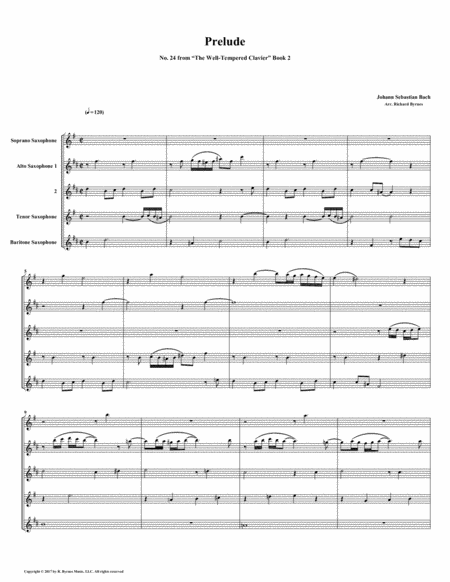 Prelude 24 From Well Tempered Clavier Book 2 Saxophone Quintet Sheet Music