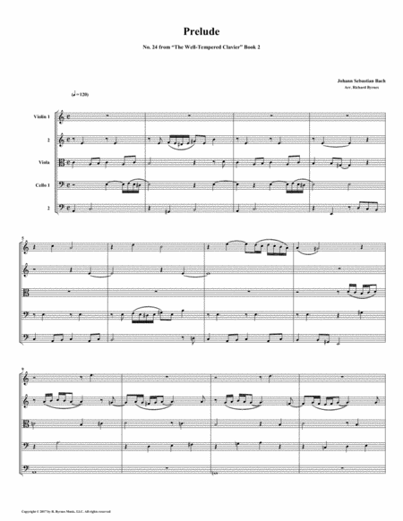 Free Sheet Music Prelude 24 From Well Tempered Clavier Book 2 String Quintet