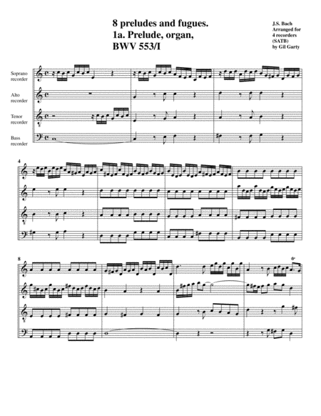 Prelude And Fugue Bwv 553 Arrangement For 4 Recorders Sheet Music