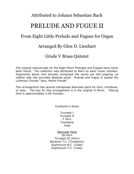 Prelude And Fugue Ii Brass Quintet Sheet Music