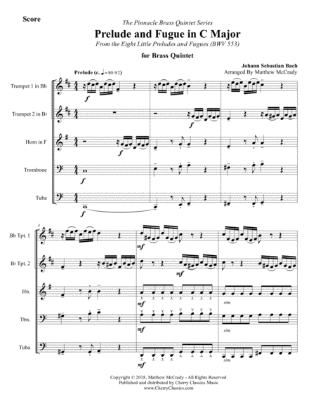 Free Sheet Music Prelude And Fugue In C Bwv 553 For Brass Quintet From Eight Short Preludes And Fugues