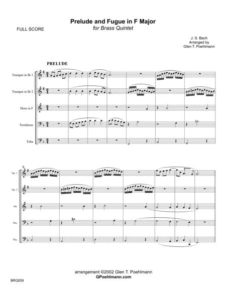 Prelude And Fugue In F Major Js Bach Arranged For Brass Quintet Sheet Music