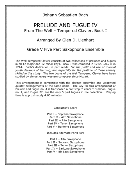 Prelude And Fugue Iv Saxophone Sheet Music