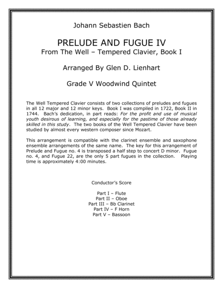 Free Sheet Music Prelude And Fugue Iv Woodwind Quintet