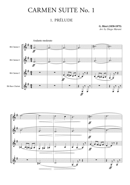 Free Sheet Music Prelude Aragonaise From Carmen Suite For Clarinet Quartet