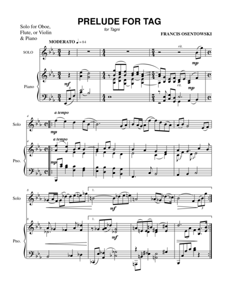 Prelude For Tag For Piano Solo Oboe Flute Or Violin Sheet Music