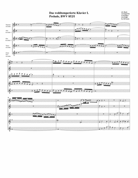 Prelude From Das Wohltemperierte Klavier I Bwv 852 I Arrangement For 5 Recorders Sheet Music