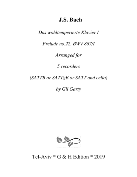 Prelude From Das Wohltemperierte Klavier I Bwv 867 Ii Version In A Minor Arrangement For 5 Recorders Sattb Or Satttgb Or Satt And Cello Sheet Music