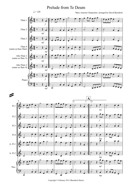 Free Sheet Music Prelude From Te Deum For Flute Quartet
