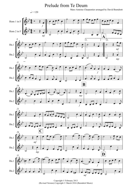 Prelude From Te Deum For French Horn Duet Sheet Music