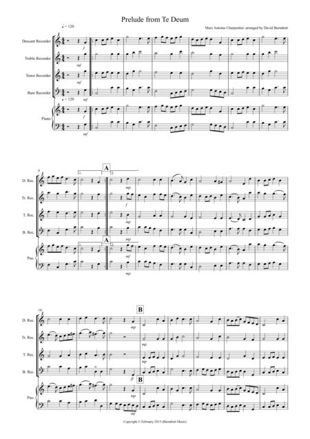 Free Sheet Music Prelude From Te Deum For Recorder Quartet