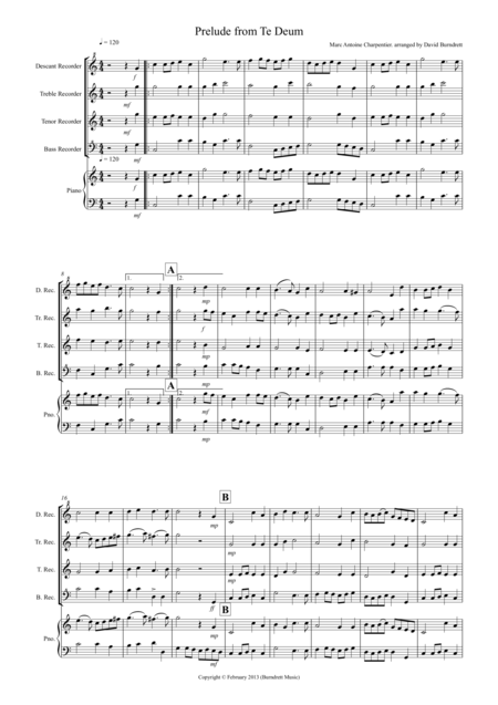 Prelude From Te Deum For Recorder Quartet Sheet Music