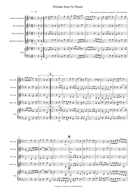 Free Sheet Music Prelude From Te Deum For Saxophone Quartet