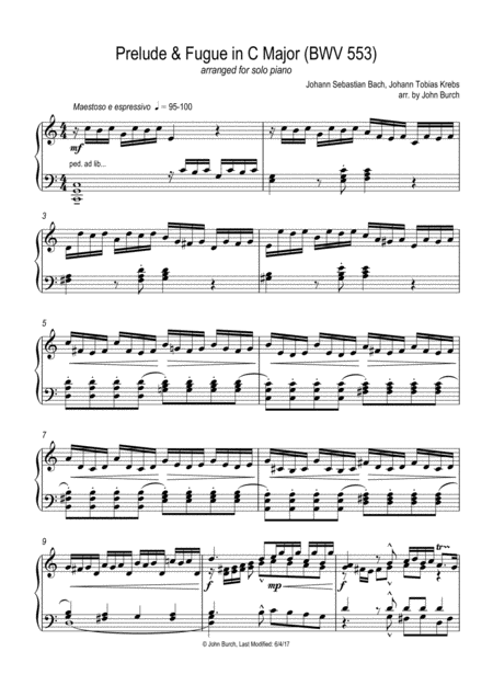 Prelude Fugue In C Major Bwv 553 Piano Solo Arrangement Sheet Music