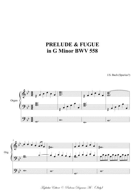 Prelude Fugue In G Minor Bwv 558 For Organ 3 Staff Sheet Music