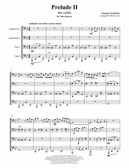 Prelude Ii Blue Lullaby For Tuba Quartet Sheet Music