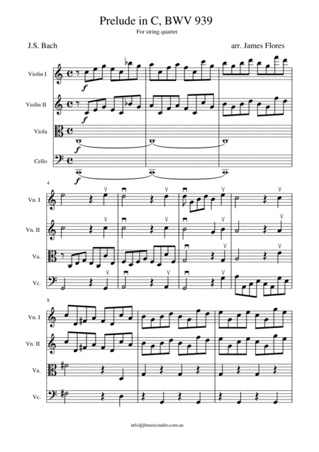 Prelude In C Bwv 939 For String Quartet Sheet Music