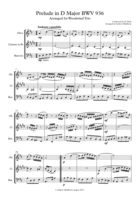 Prelude In D Major Bwv 936 For Woodwind Trio Sheet Music