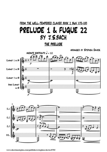 Prelude No 1 Fugue No 22 From The Well Tempered Clavier Book 2 By Js Bach For Clarinet Quartet Sheet Music