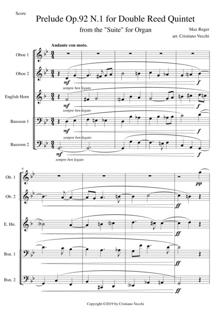 Prelude Op 92 N 1 For Double Reed Quintet Sheet Music