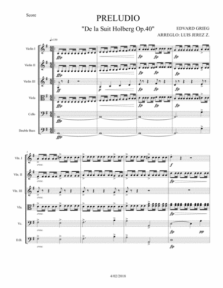 Free Sheet Music Preludio From Suit Holberg