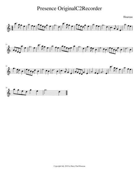 Presence Original In C For Recorder Sheet Music