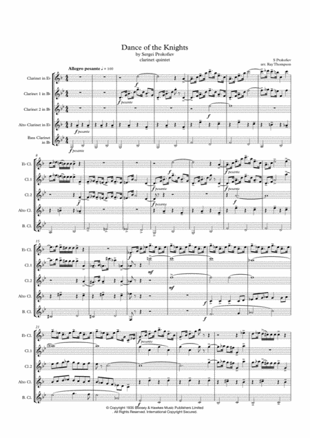 Prokofiev Dance Of The Knights Abridged Clarinet Quintet Sheet Music