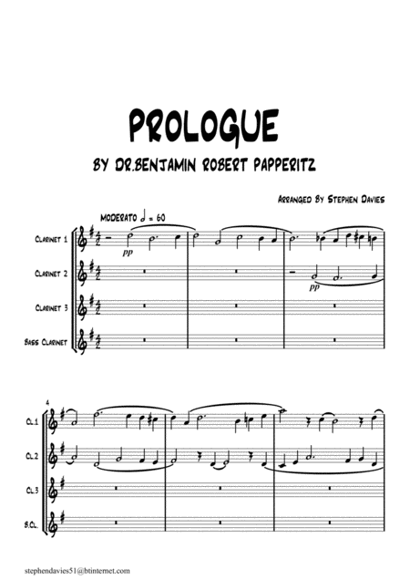 Prologue By Dr Benjamin Robert Papperitz 1826 1903 For Clarinet Quartet Sheet Music