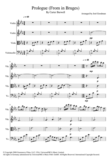 Prologue From In Bruges String Quartet Sheet Music