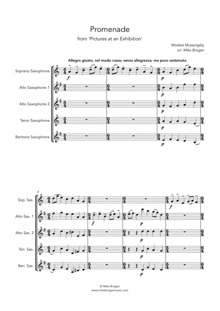 Promenade Mussorgsky Saatb Saxophone Quintet Sheet Music